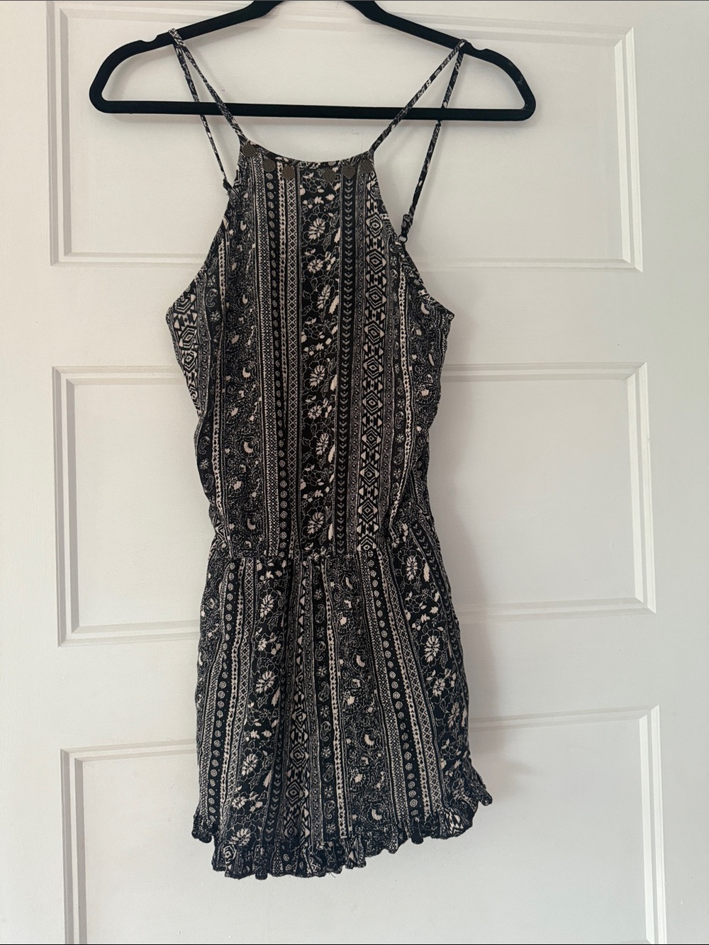 American Eagle Outfitters Black Floral Striped Halter Romper with Ruffle Hem